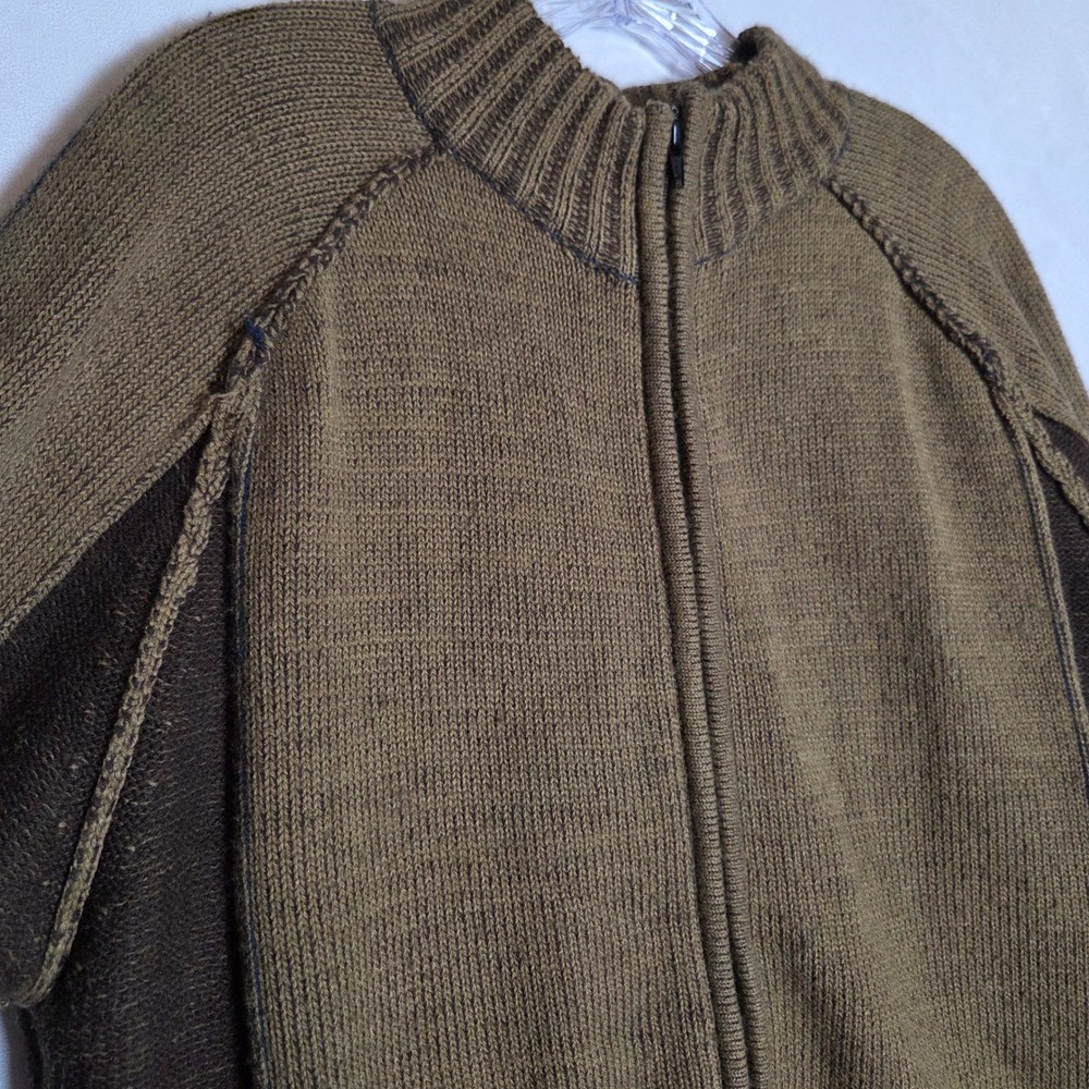 Mens Full Zip Cardigan Large Green Brown Mock Neck Knit Granola Cobain Grunge - Picture 2 of 8